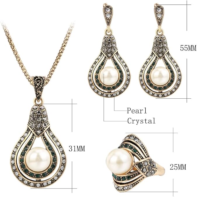 Dtja Vintage CZ Pearl Earrings Teardrop Pendant Necklace Jewelry Set for Women Girls Faux Pearls Boho Wedding Cocktail Party Christmas Anniversary Jewelry Gifts