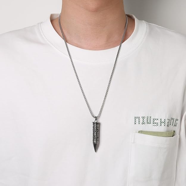 HZMAN Bullet Cremation Urn Necklace for Ashes Stainless Steel Viking Runes Memorial Pendant for Men Keepsake Jewelry