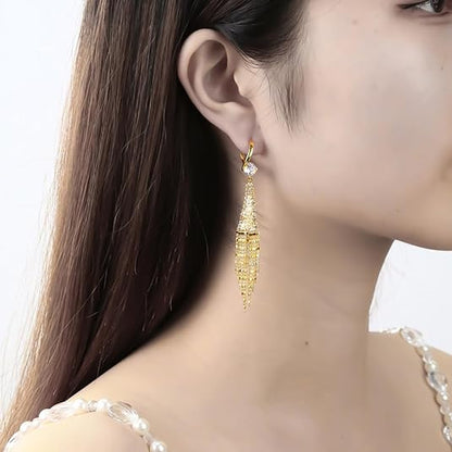 Gold Earrings for Women Chandelier Dangle Earrings 18k Gold Plated Cubic Zircon Drop Earrings Crystal Fringe Long Tassel Earrings