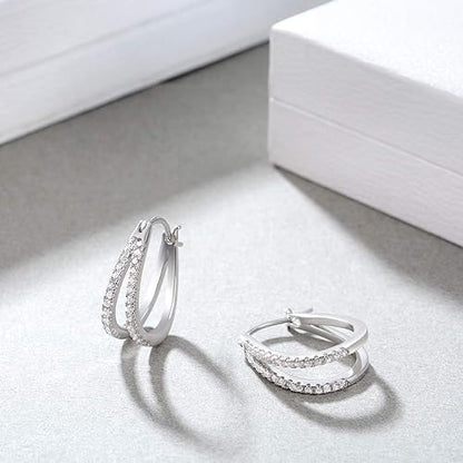 4K White Gold Small Hoop Earrings for Women, Silver Double Hoops Earrings Plated