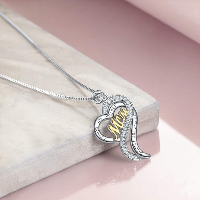 POPLYKE Mother Gifts Sterling Silver Always my Mother 925 Sterling Silver Heart Pendant Necklace for Women Mom