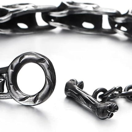 COOLSTEELANDBEYOND Stainless Steel Blackened Old Metal Finishing, Skulls Link Chain Bracelet for Man