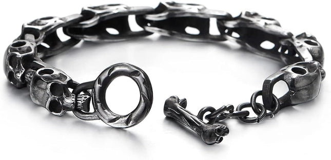 COOLSTEELANDBEYOND Stainless Steel Blackened Old Metal Finishing, Skulls Link Chain Bracelet for Man