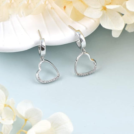 18K White Gold Plated Heart Earrings/Necklace for women Love Heart Drop Earrings/Necklace with 5A Cubic Zirconia, Hypoallergenic Jewelry Gift for Women