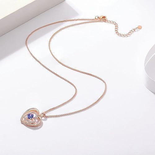 Rose Gold Heart Necklace with Cubic Zirconia Birthstone for Women Girls, Forever Love