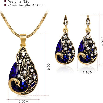 Ezing Women Gold Plated Green Peacock Jewelry Set Pendant Necklace Earrings