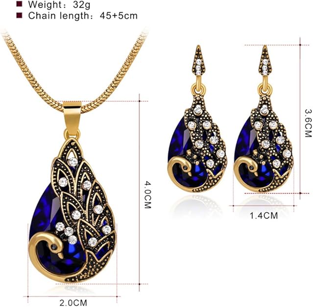 Ezing Women Gold Plated Green Peacock Jewelry Set Pendant Necklace Earrings