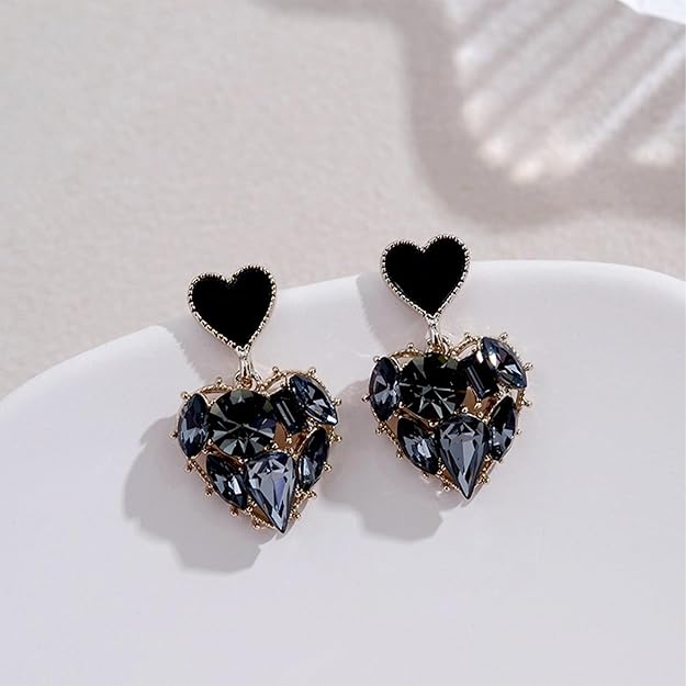 HETICA Double Heart Earrings for Women, Black Cubic Zirconia Heart Drop Earrings Love Heart Dangle Earrings Jewelry Gifts for Women