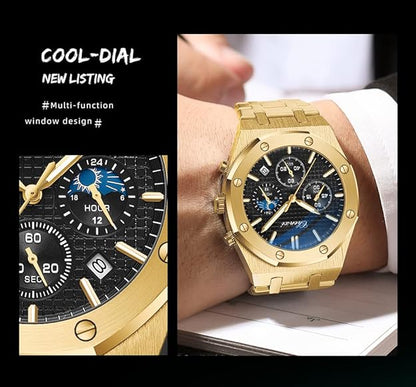 Gosasa Luxury Men's Watch Chronography Business Quartz Watch for Men Calendar Luminous Fashion Male Wristwatch Waterproof Stainless Steel Strap