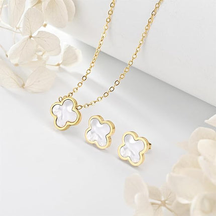 Clover Necklace and Stud Earrings Jewelry Set White Black Red Clover Pendant Necklace 18k Gold Plated Four Leaf Clover Necklace Earrings Set Gifts for Women
