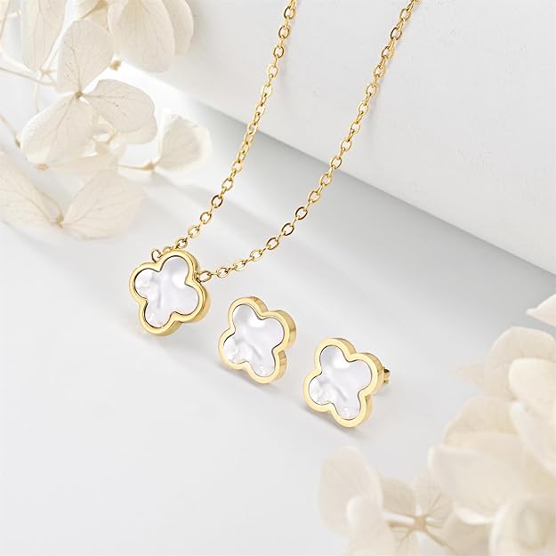 Clover Necklace and Stud Earrings Jewelry Set White Black Red Clover Pendant Necklace 18k Gold Plated Four Leaf Clover Necklace Earrings Set Gifts for Women