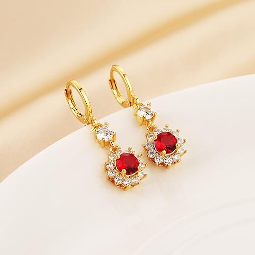 HZMAN 14K Gold Plated Rhinestone Flower Earrings for Women Girls Hypoallergenic Cubic Zirconia Dangle Drop Earring Jewelry Wedding Gifts (Red)