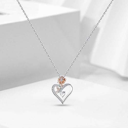 Desimtion Sterling Silver Heart Rose Necklaces for Women,Birthday Valentine's Day Jewelry Gifts for Her Girlfriend Wife Mom