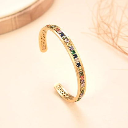 Gold Plated Stainless Steel Rainbow Cubic Zirconia Open Bangle, Multicolor Colorful CZ Cuff Bangle Bracelet for Women Adjustable