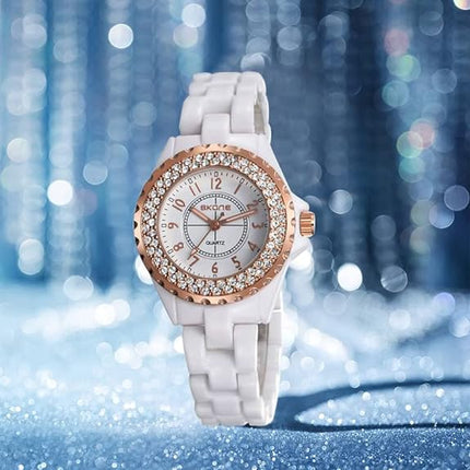 Gosasa Womens Luxury Wrist Watch Fashion Rhinestone White Ceramic Watch Casual Lady Nice Dress Watches