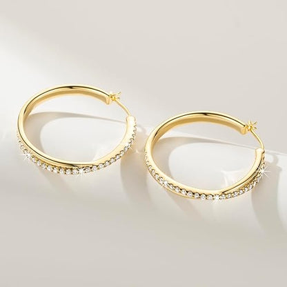 ELEBEST Hoop Earrings 14K Hoop Gold Earrings for Women Thick Large Diamond Hoops Earring Elegant X-shaped Gold Huggie Earring 30mm
