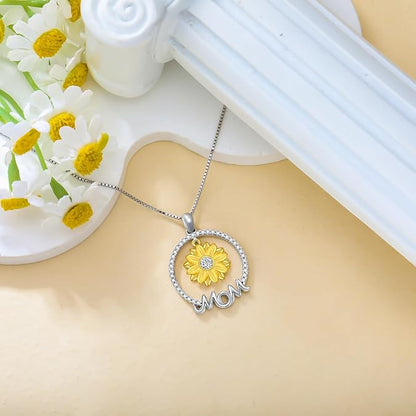 LONAGO Sunflower Mom Necklace for Women Silver Mom Pendant Necklace for Mother Grandmother Mother Day Gift