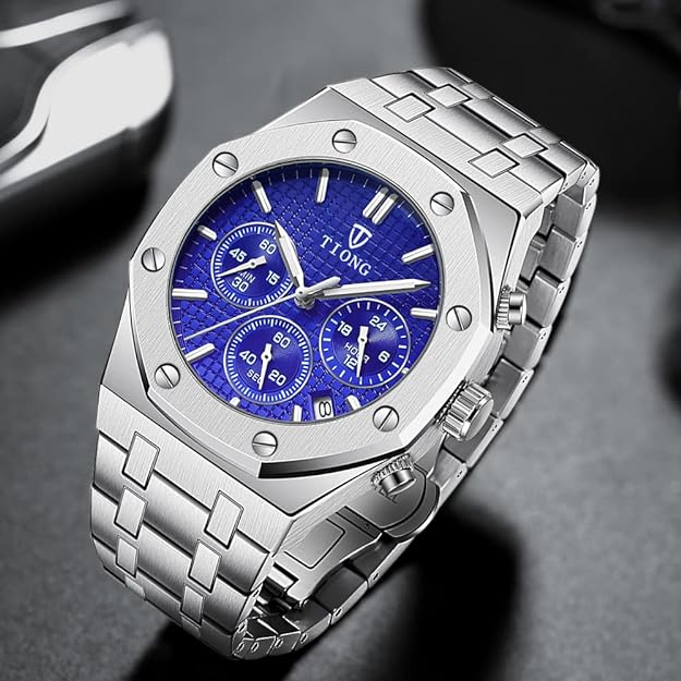 Tiong Mens Watches Chronograph Stainless Steel Waterproof Date Analog Quartz Watch Business Casual Fashion Wrist Watches for Men