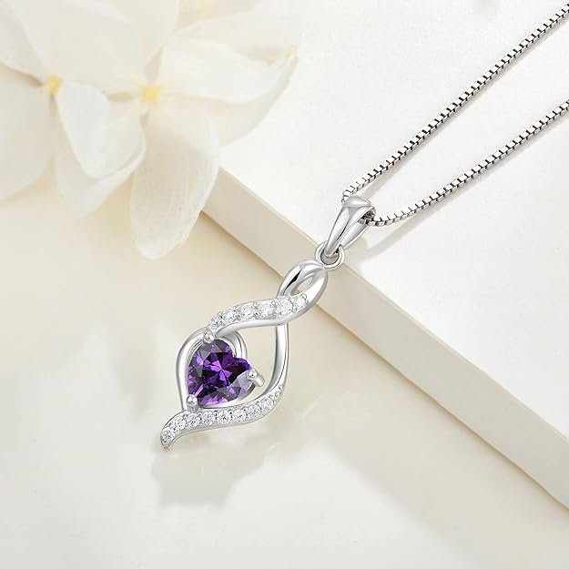 Infinity Pendant Necklace 925 Sterling Silver Heart Birthstone Jewelry for Women