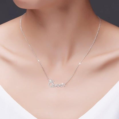 FLYOW 925 Sterling Silver White Cz Crown Princess/Queen Pendant Word Charm Necklace for Girlfriend Wife Daughter Granddaughter, 18 Inch + 2 Inch