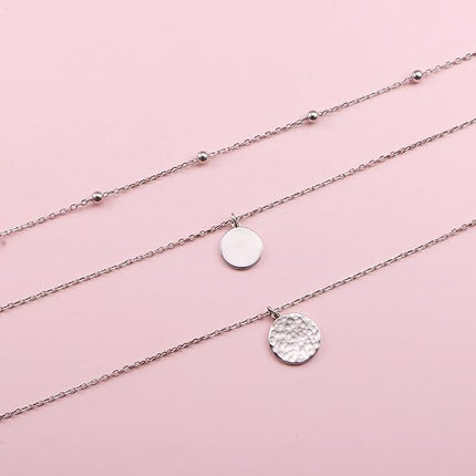 FLYOW Layered Necklace S925 Sterling Silver Triple Multilayer Necklace Long Chain Dainty Pendant Necklace for Women