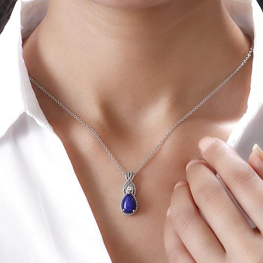 SHOP LC Stainless Steel 925 Sterling Silver Platinum Lapis Lazuli and White Topaz Pendant Necklace Delicate Jewelry Size 20" Unique Birthday Gifts for Women