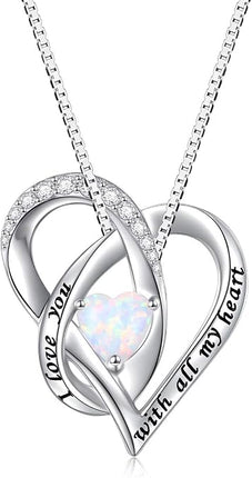 FLYOW Mother's Day Gifts Created Opal Heart Necklace for Lover Women Girls 925 Sterling Silver Pendant with Message Love You Forever