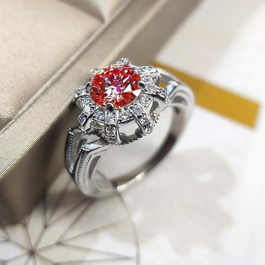 Red Moissanite Ring for Women 1.0ct Lab Created Diamond Round Cut Rings 18K White Gold Plated S925 Silver Jewelry with Gift Box