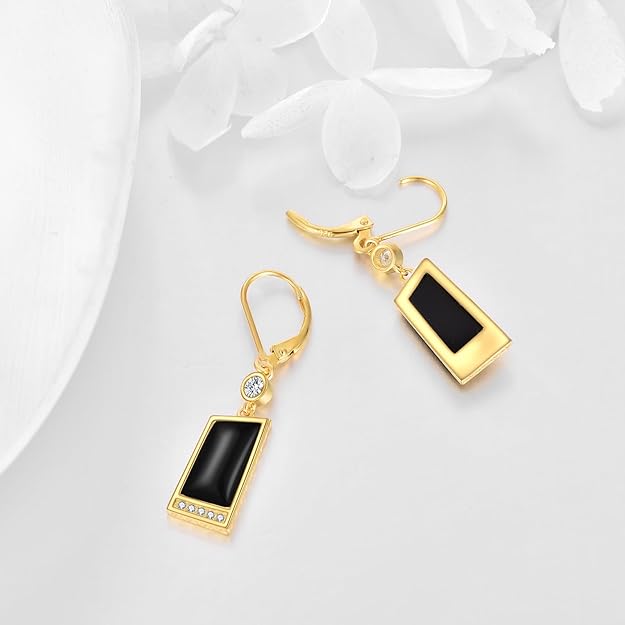Black Onyx Earrings Sterling Silver 18K Yellow Gold Plated Filigree Boho Dangle Earrings Jewelry Gifts for Women Girls
