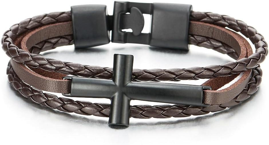 COOLSTEELANDBEYOND Black Horizontal Sideway Lateral Cross Brown Braided Leather Bangle Bracelet for Men Women Wristband