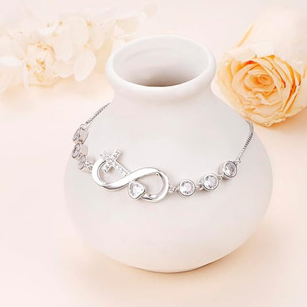 Infinity Heart Bracelet 925 Sterling Silver CZ Cross Heart Infinity Love Bracelet Jewelry Valentine's Day Gifts for Women Girlfriend Wife, 7"+2"