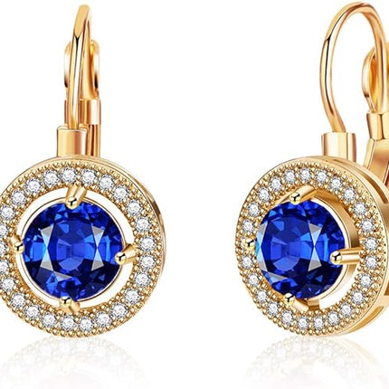 Austrian Crystal Halo Round Drop Leverback Earrings for Women 14K Rose Gold Plated