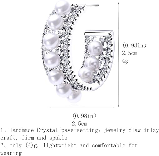 Crystal Oval Hoop Earrings for Women 925 Sterling Silver Post Small Pearl CZ Rhinestone Hoop Earrings for Women Girls