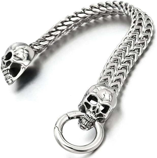 COOLSTEELANDBEYOND Gothic Men's Stainless Steel Skull Franco Link Curb Chain Bracelet with Spring Ring Clasp