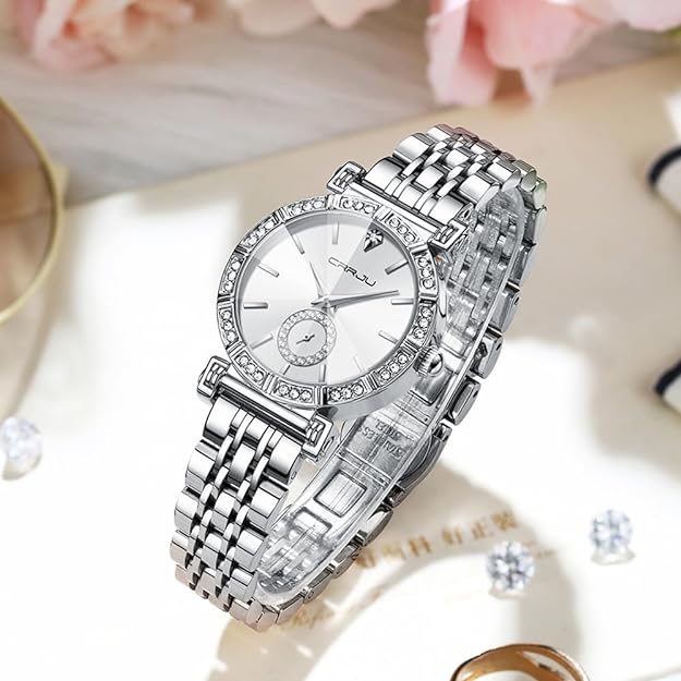 CRRJU Classic Fashion Women's Rhinestone Diamond Wrist Watches Stainless Steel Japanese Quartz Movement Analog Dress Watches for Women