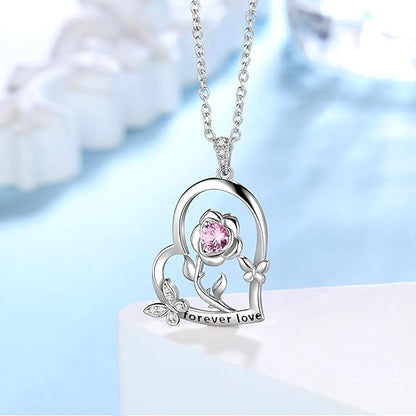 925 Sterling Silver Heart Rose Necklace Women Butterfly Necklace Rose Flower Heart Birthstone Pendant Necklace Adjustable Butterfly Ring Elegant Engagement Primise Band Ring Cute Butterfly Jewelry Birthday Gifts