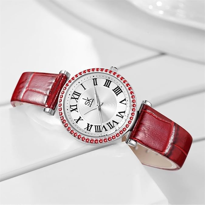 SHENGKE SK Fashion Crystal-Accented Watch for Women with Roman Numerals, Easy Read Dial Watch.