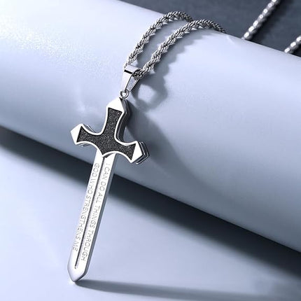 Inspirational Sword Necklace/Evil Eye Necklace,Amulet Pendant Necklace with Stainless Steel,Talisman Necklace,Spiritual and Strength Jewelry for Men Women with 24+2" inch Rope Chain