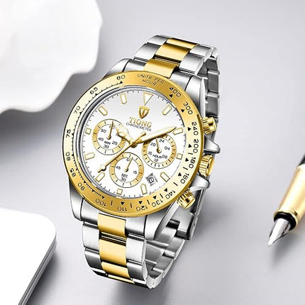 Dentily Men's Quartz Watch Fashion Stainless Steel Chronograph Waterproof Business Watches for Men