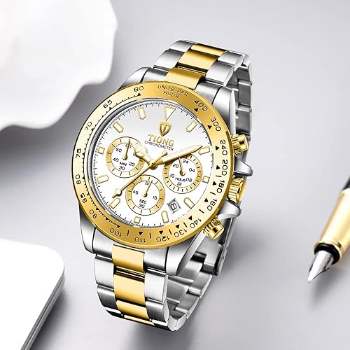 Dentily Men's Quartz Watch Fashion Stainless Steel Chronograph Waterproof Business Watches for Men