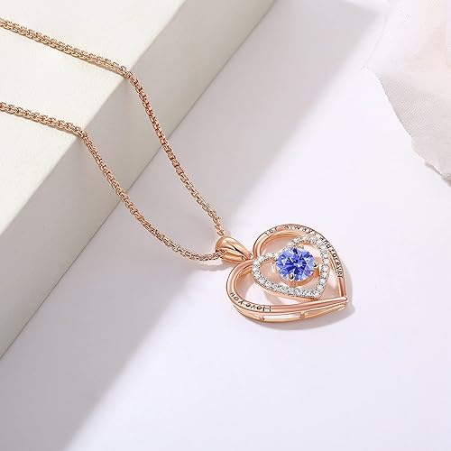 Rose Gold Heart Necklace with Cubic Zirconia Birthstone for Women Girls, Forever Love