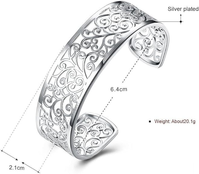 925 Sterling Silver Bangle Cuff Bracelets For Women, Hollow Open Bangle Bracelet Jewelry For Women