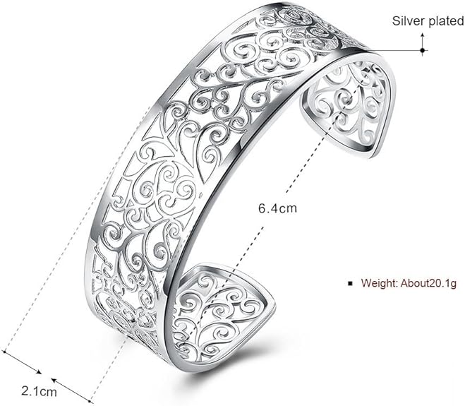 925 Sterling Silver Bangle Cuff Bracelets For Women, Hollow Open Bangle Bracelet Jewelry For Women