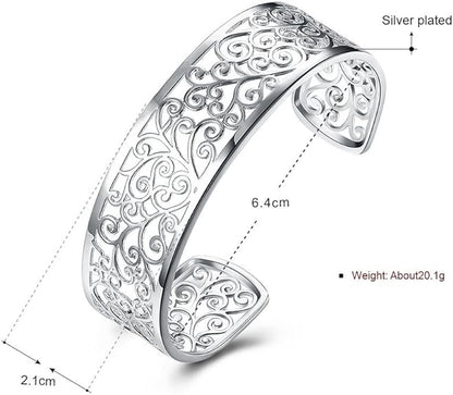 925 Sterling Silver Bangle Cuff Bracelets For Women, Hollow Open Bangle Bracelet Jewelry For Women