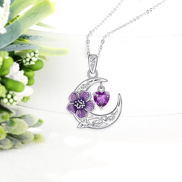 Shysnow Crescent Birth Flower Necklace for Women 925 Sterling Silver Moon Birthstone Pendant Necklace with Heart Zircon 12 Birth Months Floral Jewelry Birthday Gifts for Mother Grandmother