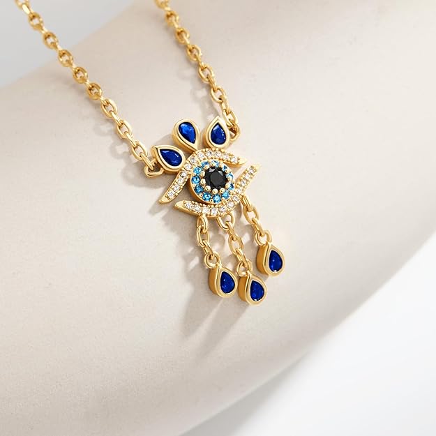 Cicy Bell Evil Eye Necklace for Women 18k Gold Plated Pendant Necklace Cubic Zirconia Turquoise Dainty Trend Jewelry Gift, 16.1" + 1.9" Extender