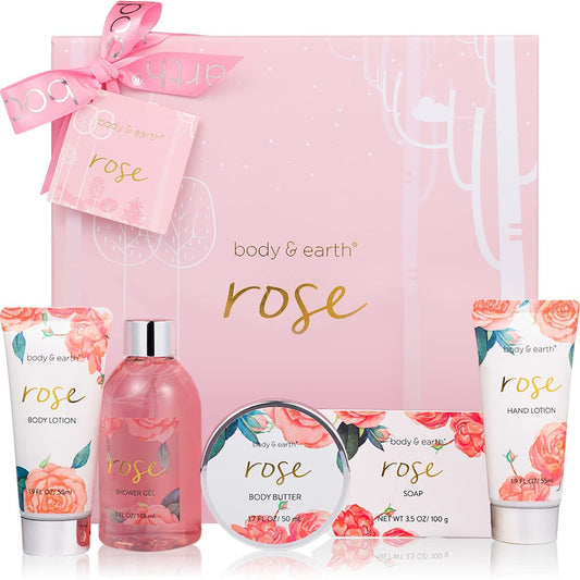 Bath and Body Gift Set for Women, Body & Earth 5 Pcs Rose Spa Set Gifts for Women, Self Care Kit, Lotion Sets for Women ,Christmas Gifts for Women