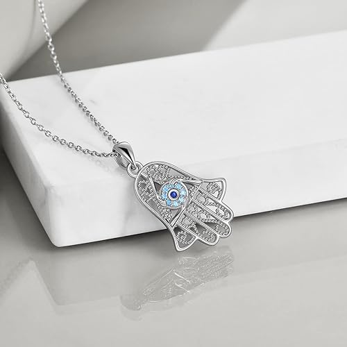 YAFEINI Hamsa Hand Evil Eye Necklace 925 Sterling Silver I Love You Necklace 100 Languages Projection Pendant Necklace for Women