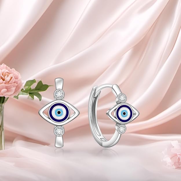 Turtle Evil Eye Earrings for Women Tiny Mini Blue Evil Eye Hoop Earrings S925 Sterling Silver Studs CZ 14k Gold Plated Earring