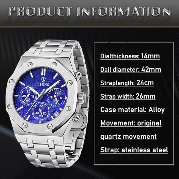 Tiong Mens Watches Chronograph Stainless Steel Waterproof Date Analog Quartz Watch Business Casual Fashion Wrist Watches for Men